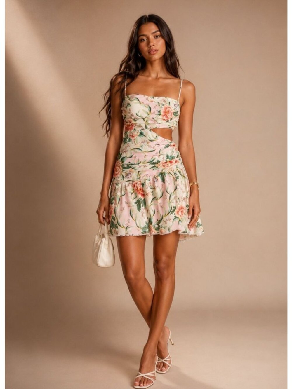 Agua Bendita Cade Dress in Korin Print Pink Floral Tropical Cut Out Mini Large